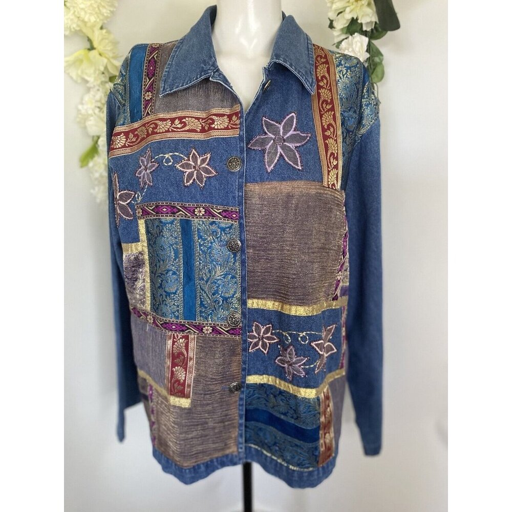 Bedford Fair Lifestyles Jean Shirt Jacket w Embroidery Appliques Beads Sz L Vtg - Picture 9 of 16
